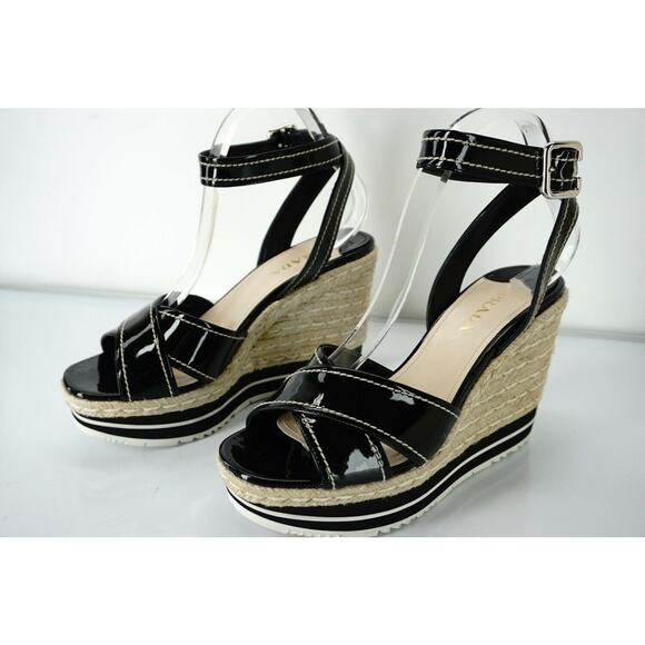 Prada Patent Ankle Strap Platform Espadrille Wedge Sandals - Picture 8 of 10